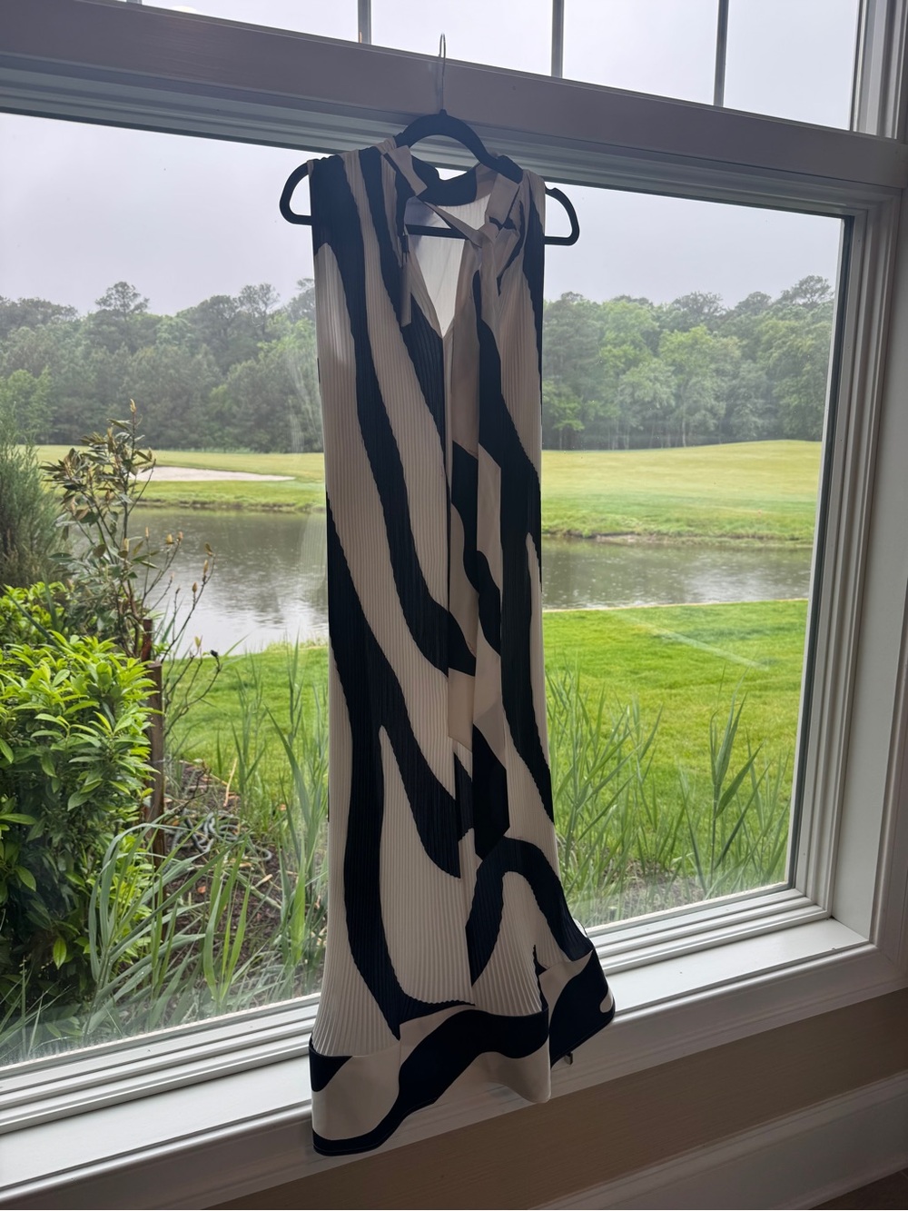 Milly Black and Cream Pleated V-Neck Dress